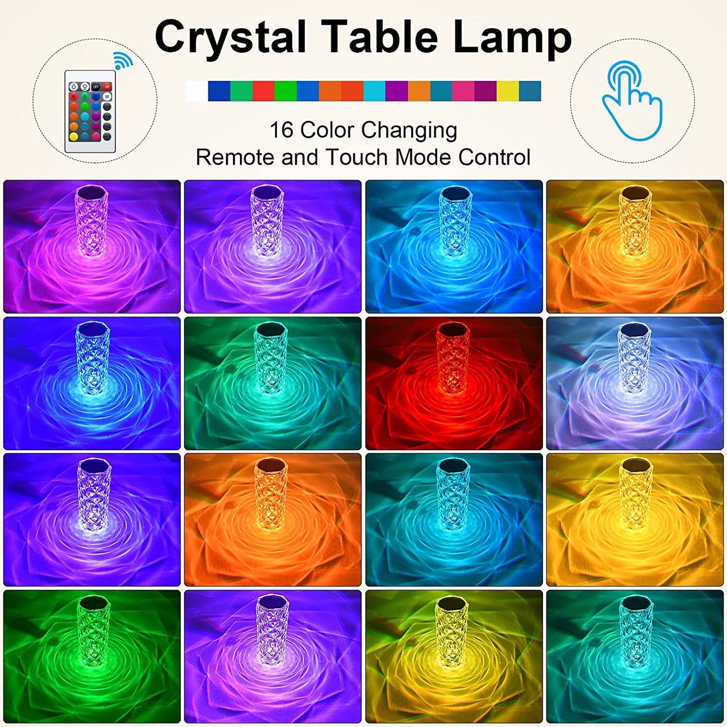 Crystal Touch Night Light (16 Colors) - Rose Diamond Table Lamp with Remote Control, USB Table Lamp, Romantic Date Lighting Decor for Festival, Bedroom, Dining Room