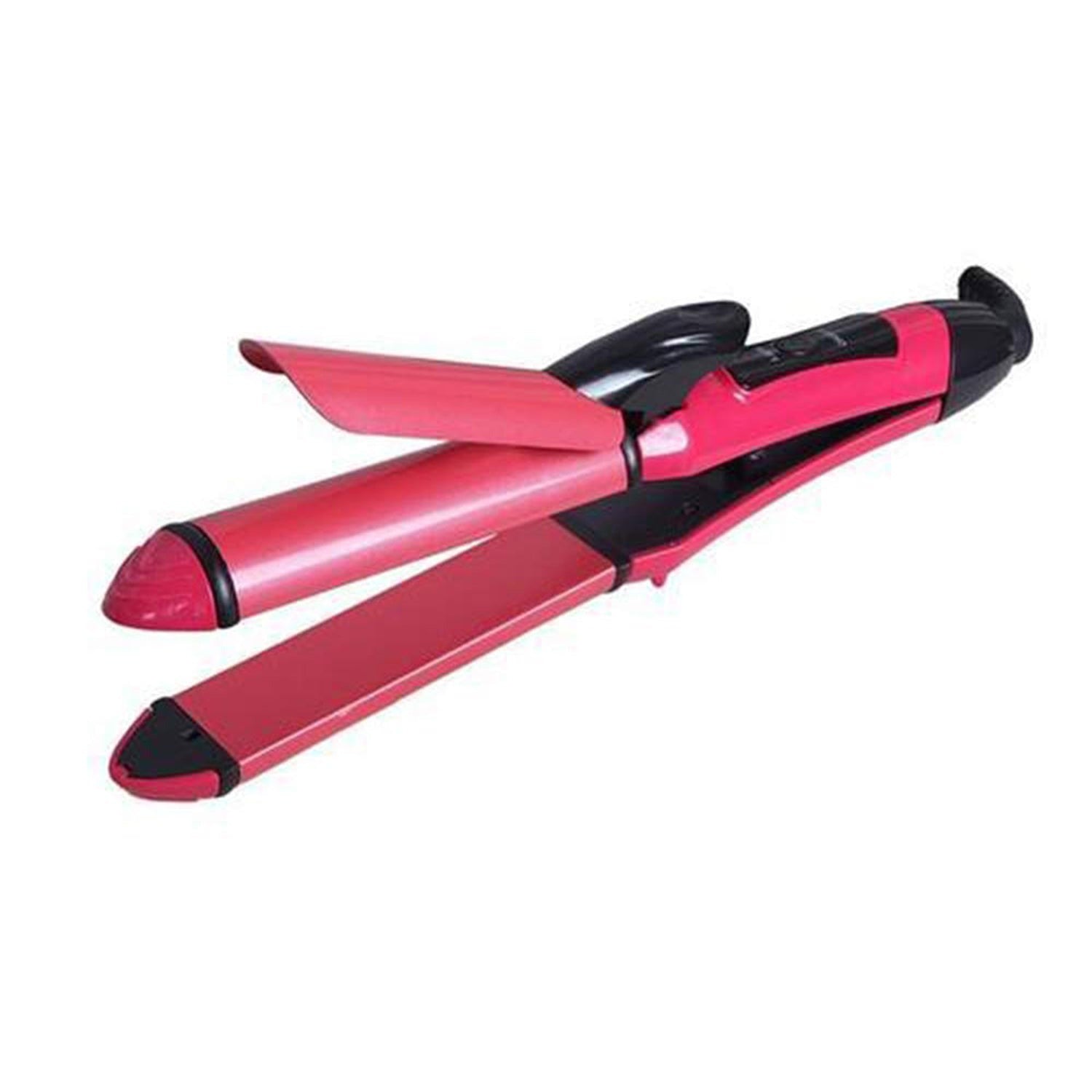 Hair iron with straightening and curling functions.