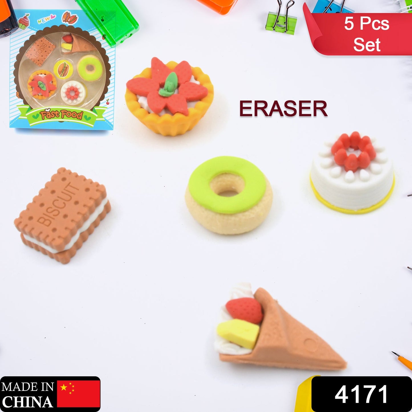 3D Fast Food Fancy & Stylish Colorful Erasers, Mini Eraser Creative Cute Novelty Eraser for Children Different Designs Eraser Set for Return Gift, Birthday Party, School Prize, Fast Food Set Eraser ( 5 pc Set )