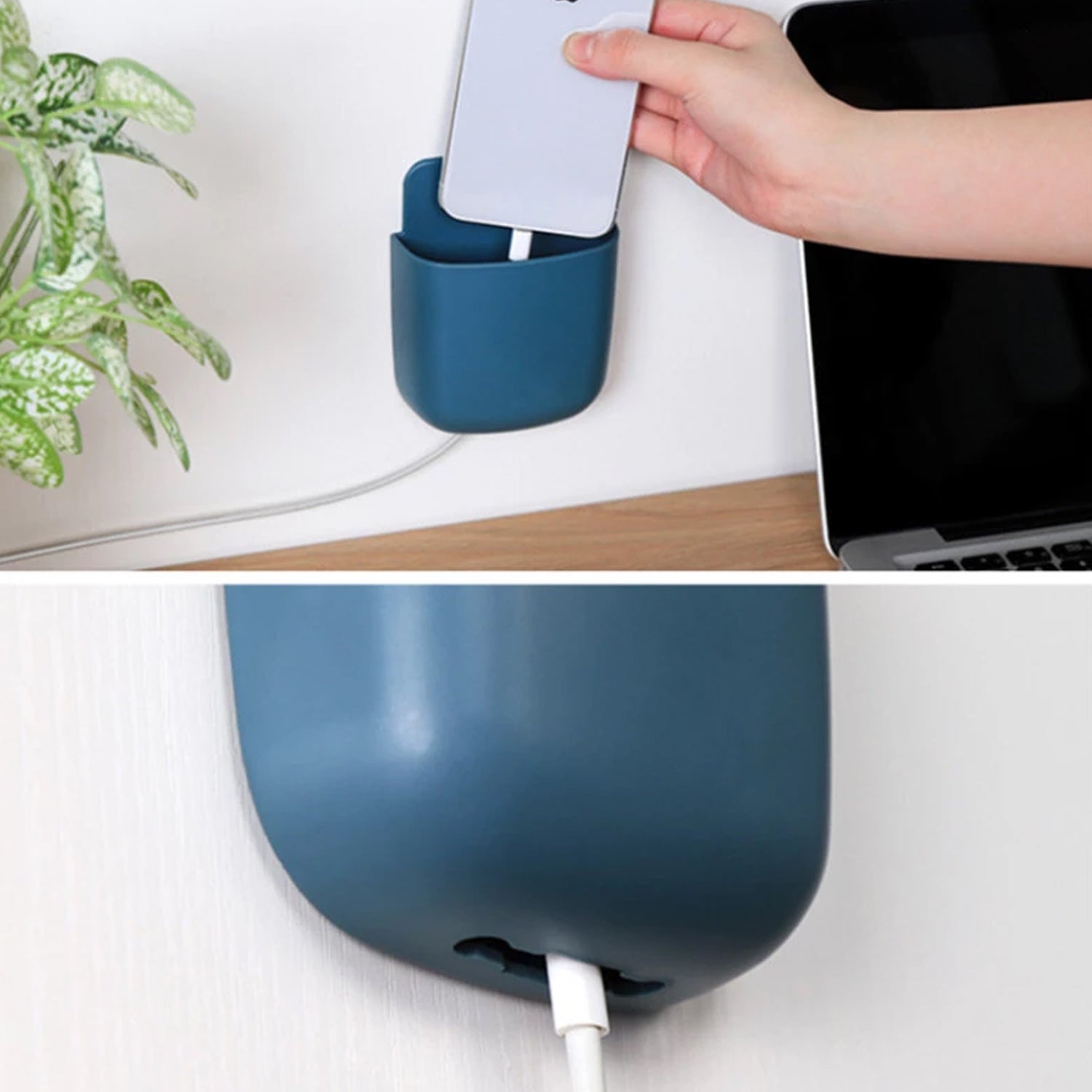 Mobile phone charging storage case with wall mount.