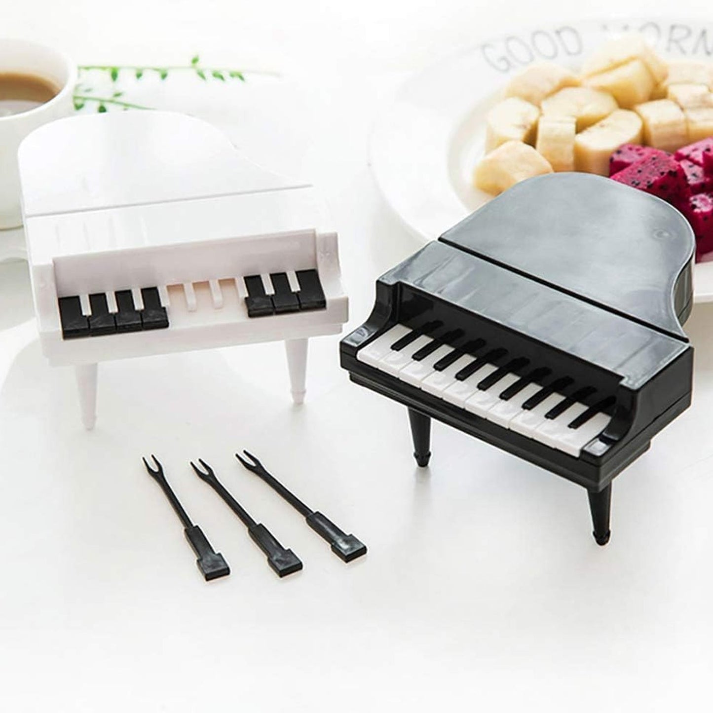 Piano-shaped snack forks for kids and adults.