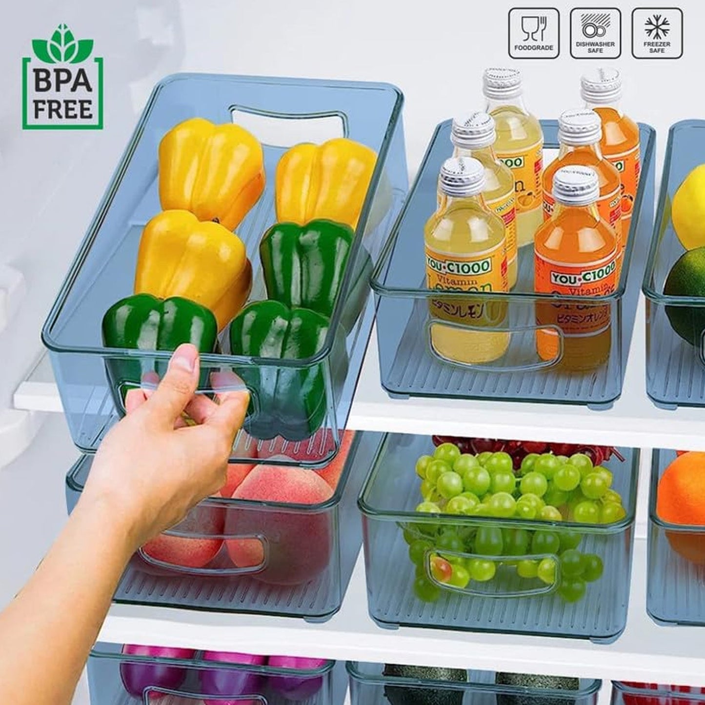 Plastic Refrigerator Organizer Bins, Set Of 2 Stackable Fridge Organizers with Handle, Clear Organizing Food Fruit Vegetables Pantry Storage Bins for Freezer kitchen Cabinet Organization and Storage (2 Pcs Set Mix Color)