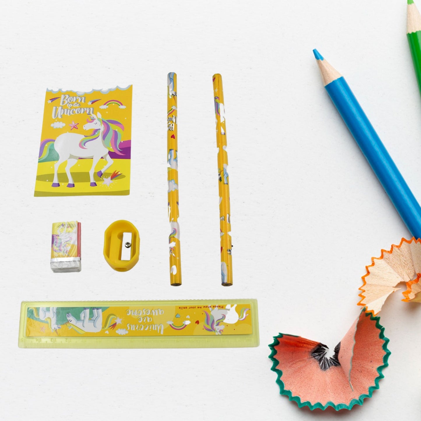 School stationary set with pencils, ruler, and sharpener