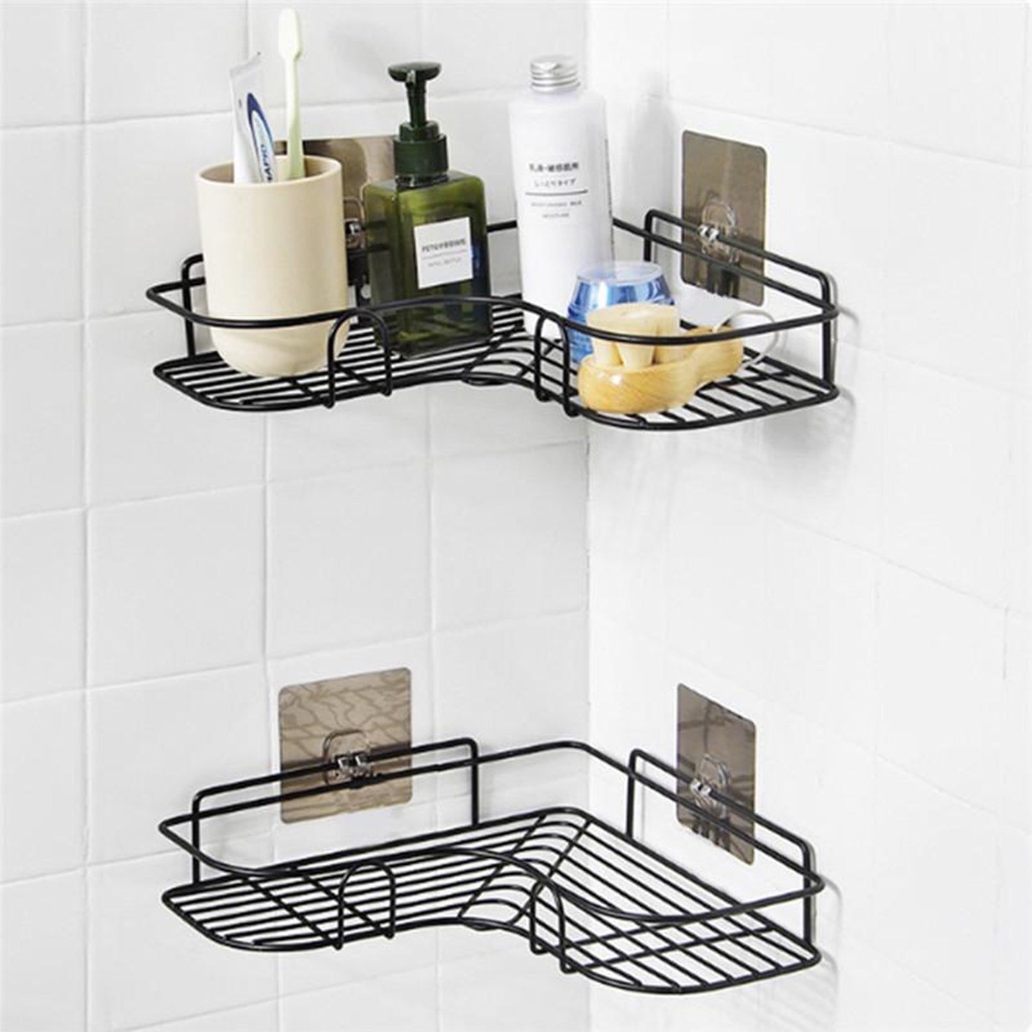 Adhesive corner storage rack for bathroom