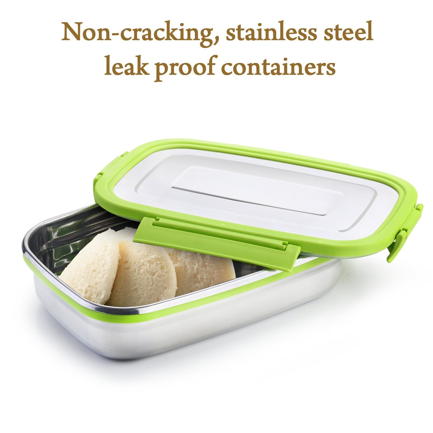 Stainless steel lunch pack for office and school, with secure closures