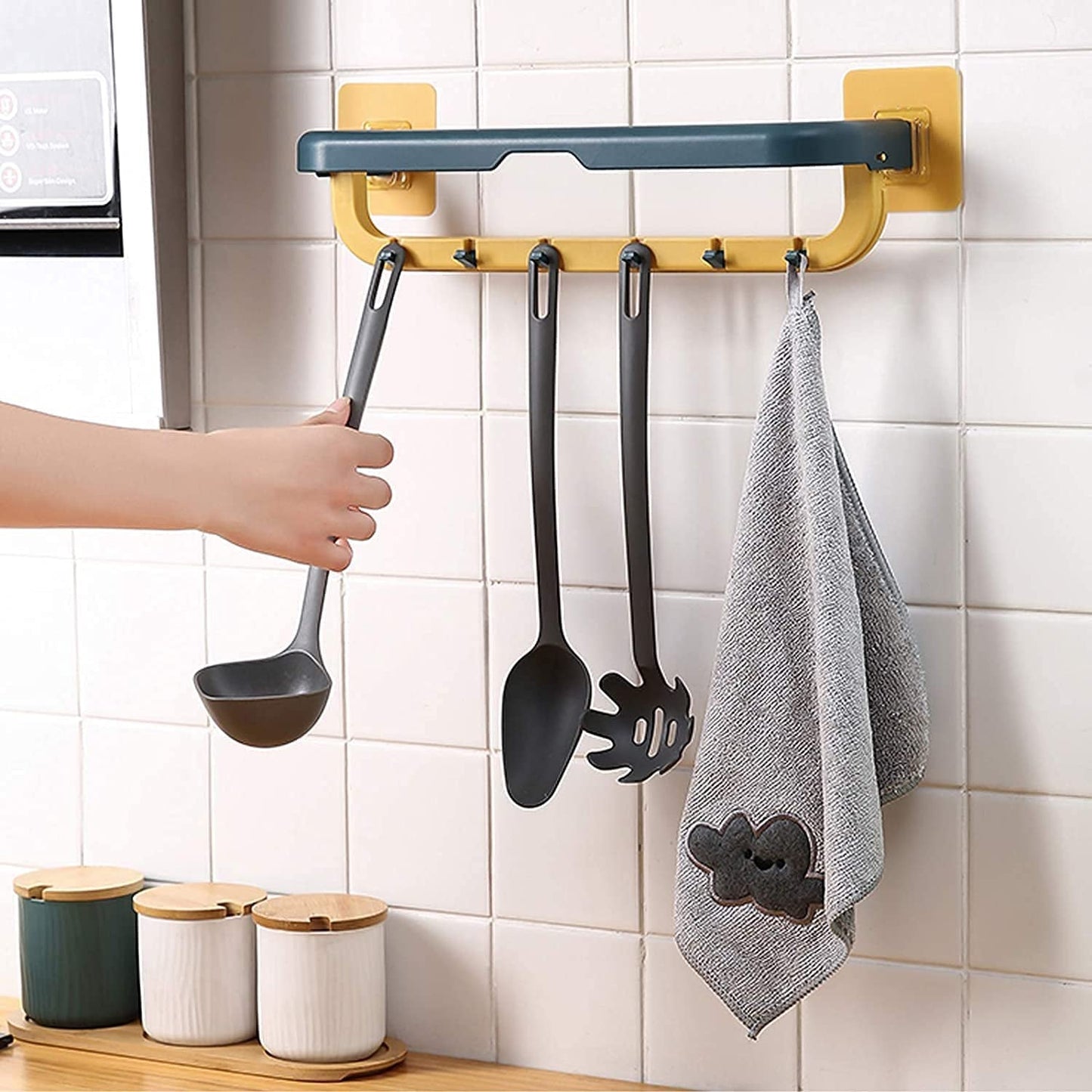 Wall-Mounted Double Bar Towel Holder with Hooks & Adjustable Folding Shelf