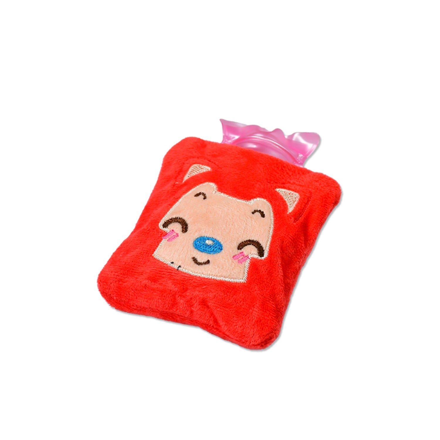 Small hot water bag with pink cat cover for pain relief