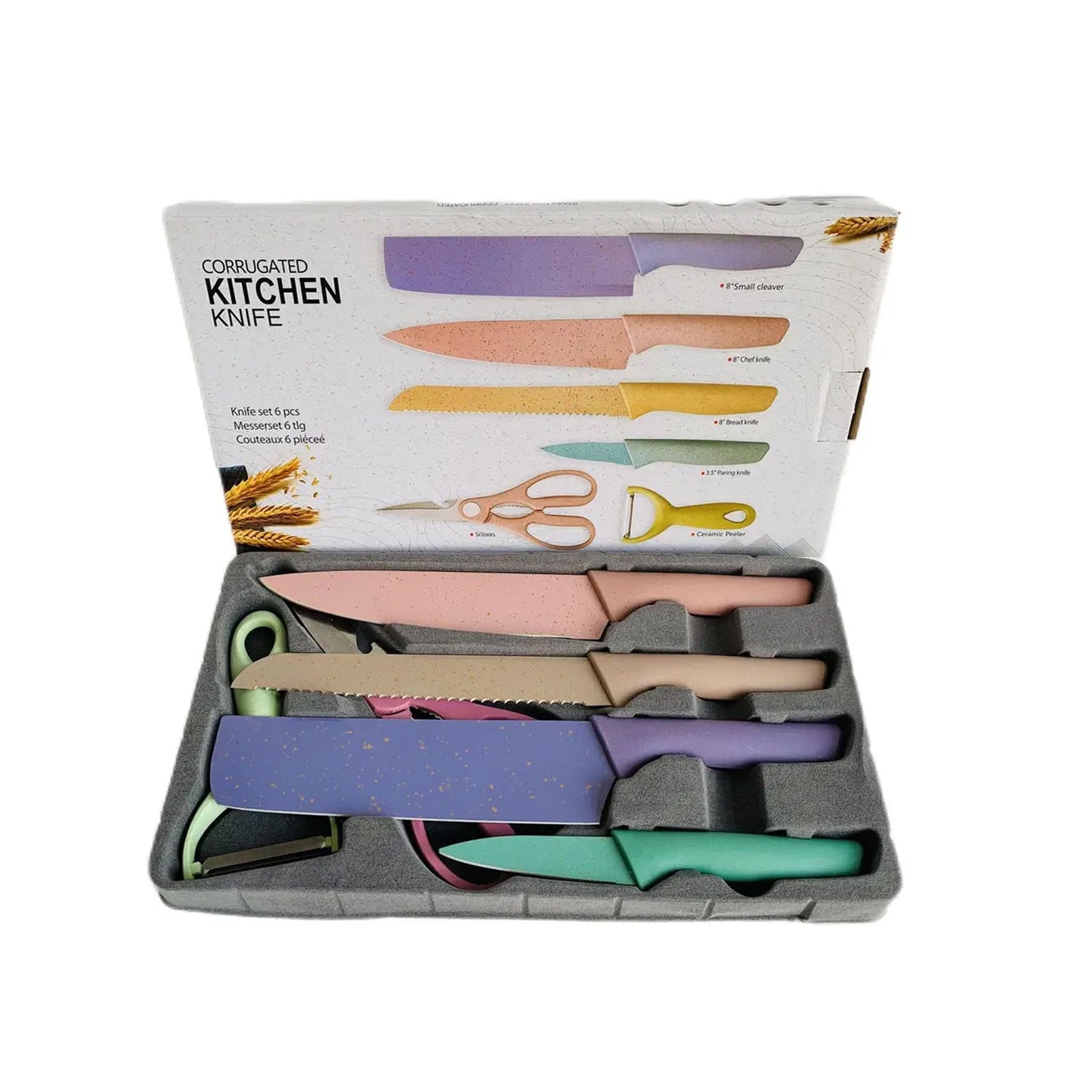 6-piece kitchen knives set, high carbon stainless steel, non-stick, colorful design.