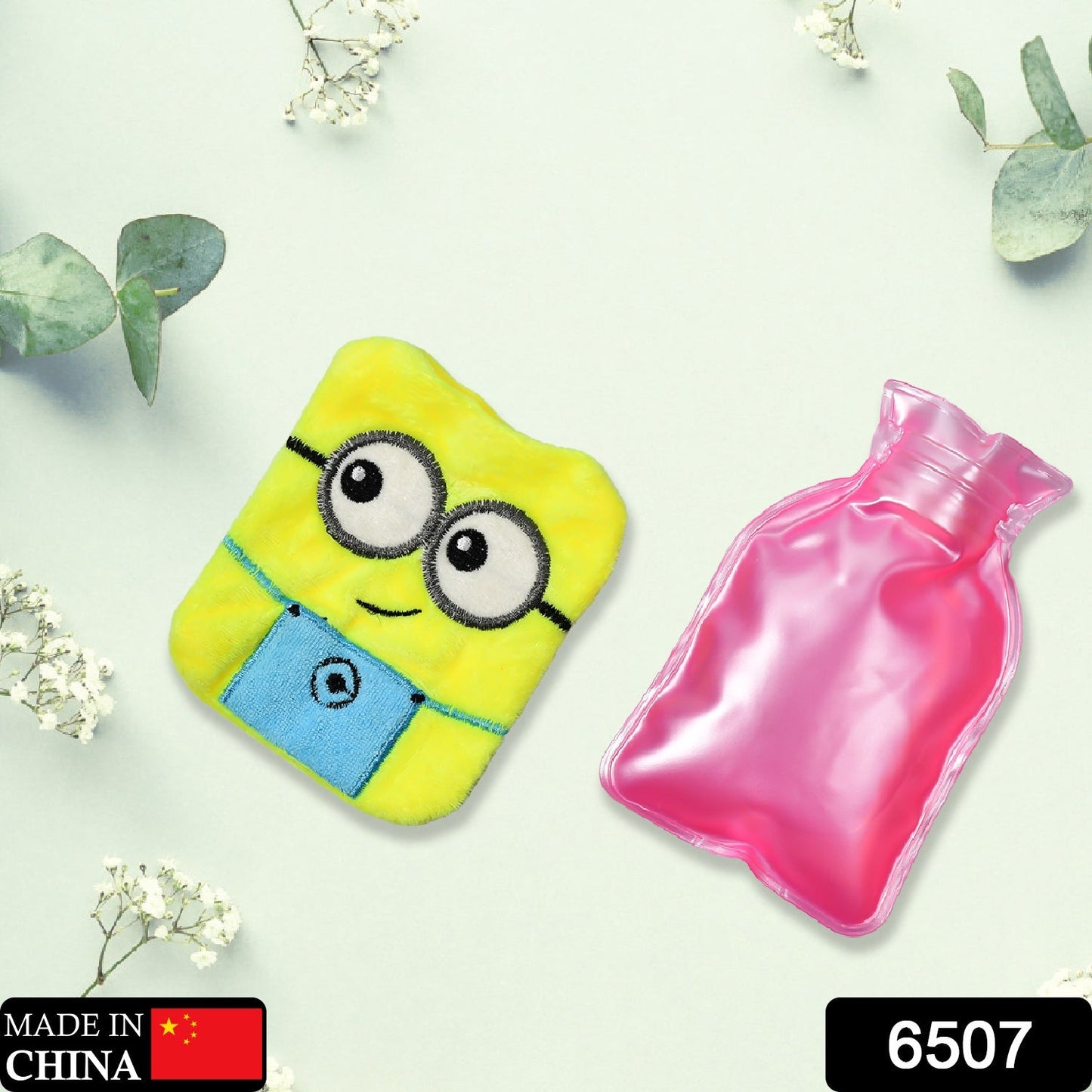 Hot water bag for neck, shoulder, and hand pain relief with a Minions design