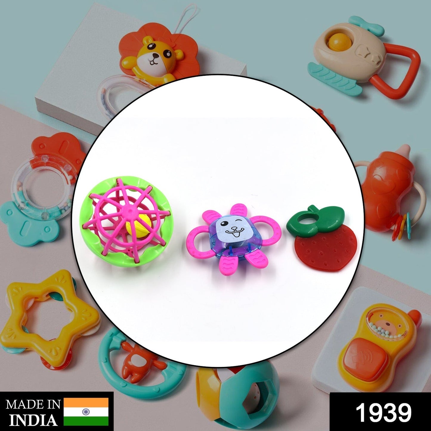 Three vibrant baby rattles with different textures for engaging playtime.