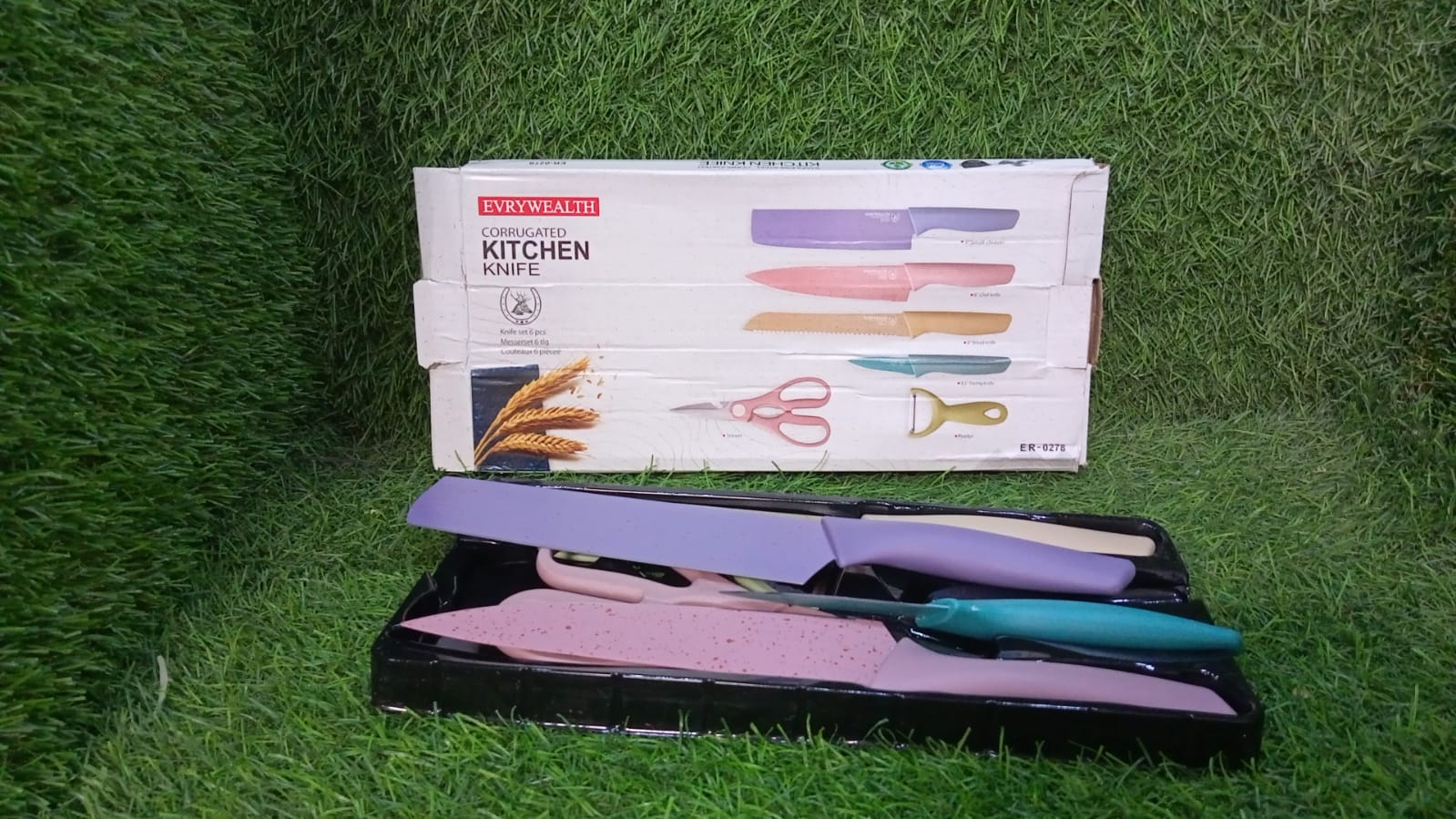 Professional chef's knife set, 6 colorful knives, high carbon stainless steel, non-stick.