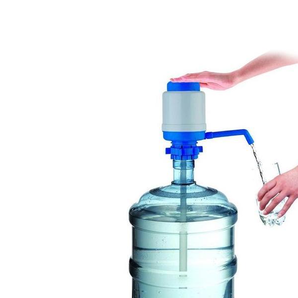 Portable hand press water pump for use with bottled water.