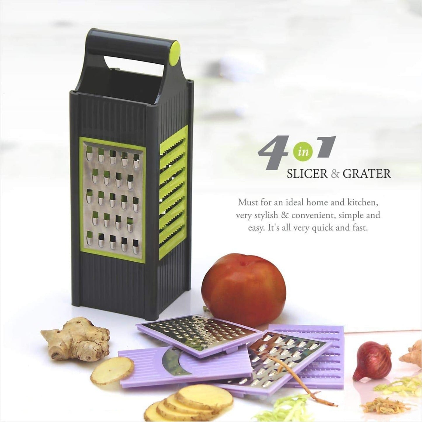 Practical plastic grater with four blade options for easy slicing and grating