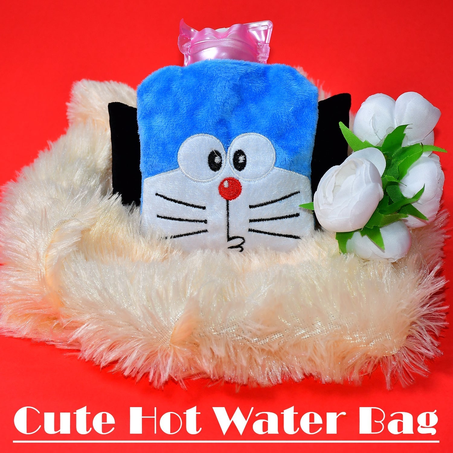 Hot water bag with Doremon cover, perfect for pain and cramps