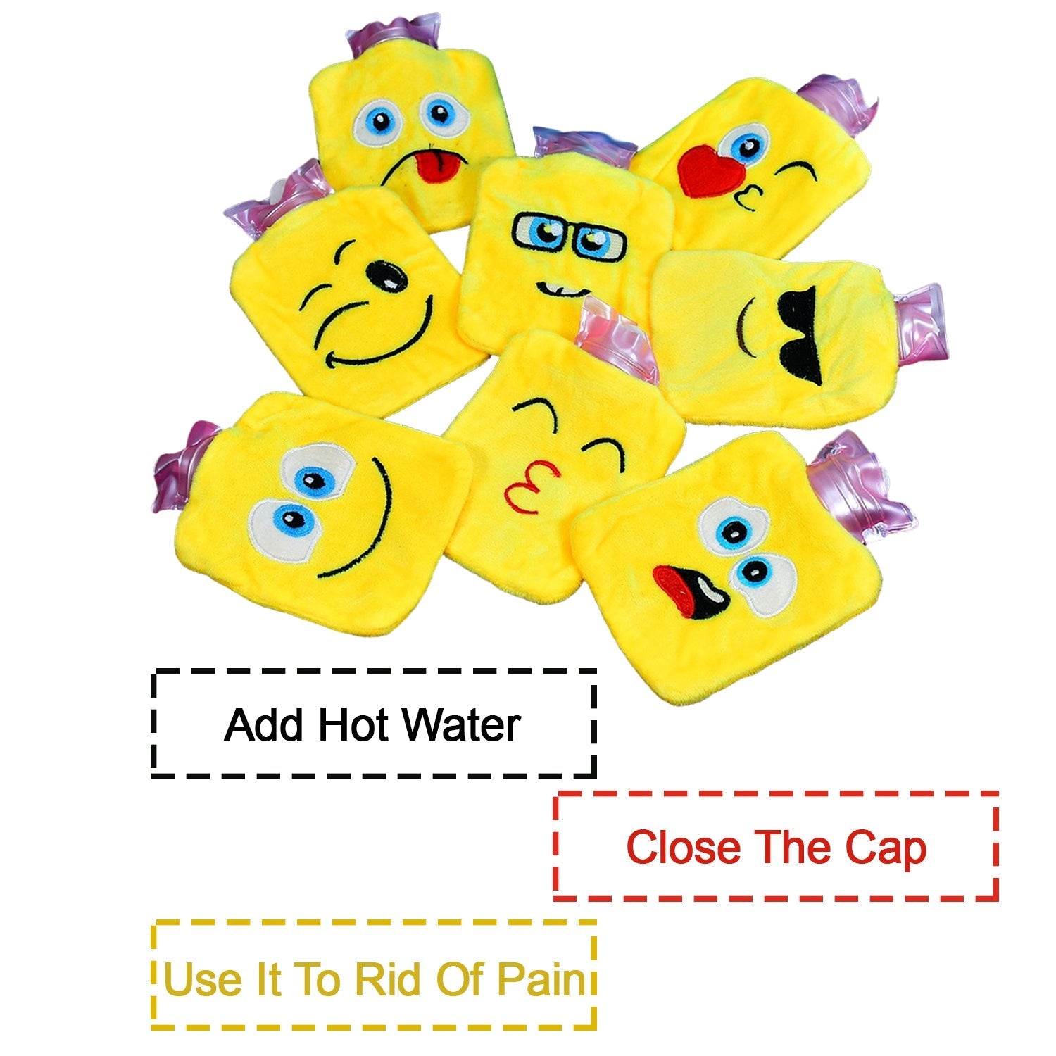 Emoji design hot water bag for quick pain relief and comfort.