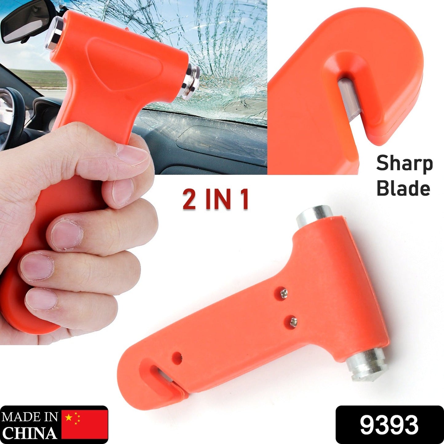 Emergency car hammer, tool for breaking windows and cutting seatbelts