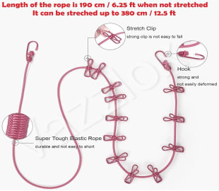 Portable Multi Functional Drying Rope with 12 Clips and 2 Hooks (Pack of 2)